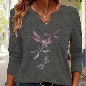 Gray Dragonfly Print Women's Top